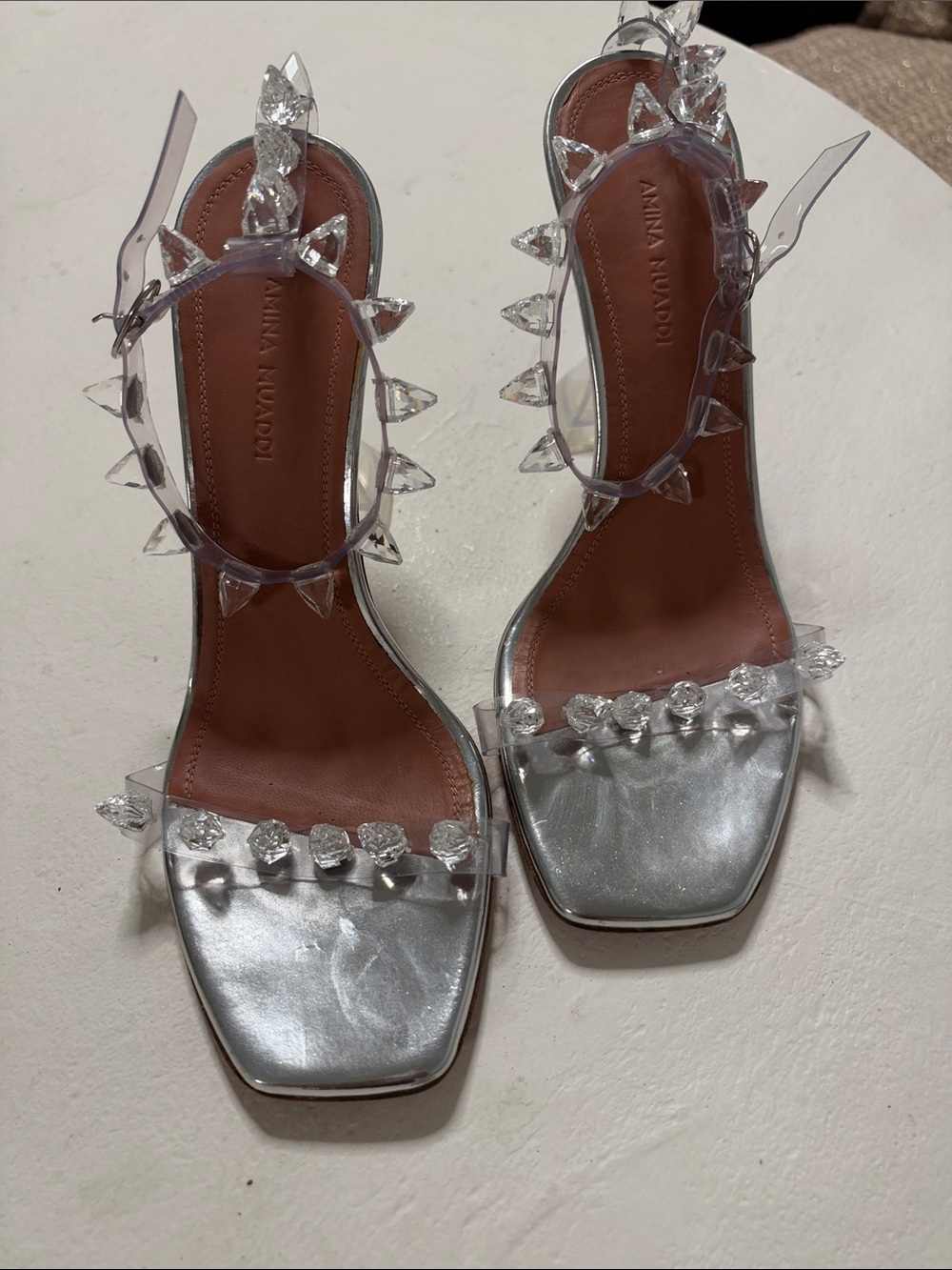 Amina Muaddi Silver Crystal Spike Slingback Heels